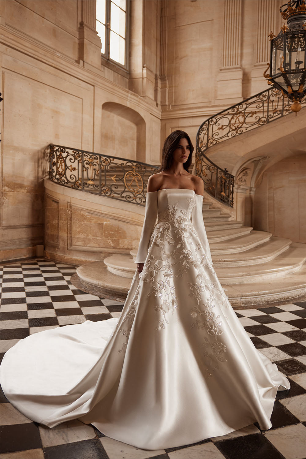 fitted lace wedding dress A-line Mikado chiffon Wedding Dress with Chiffon 3D Floral Skirt – Think  Bridal main image 1