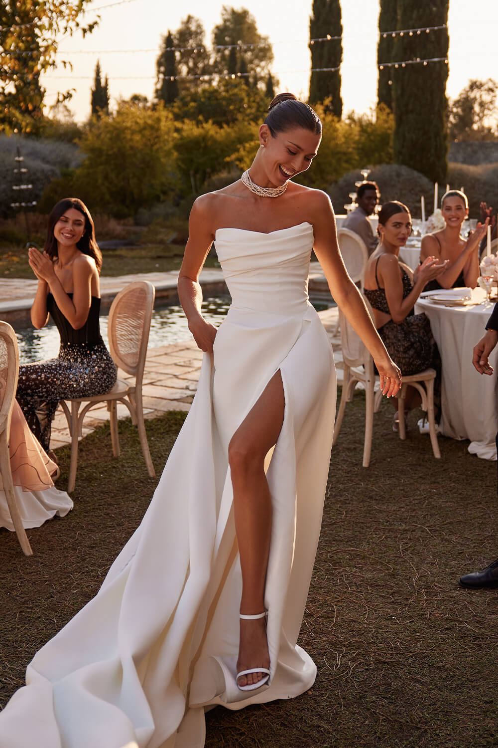 elegant black wedding guest dress Strapless Pearl-Adorned A-Line Wedding Dress With Buttons main image 1