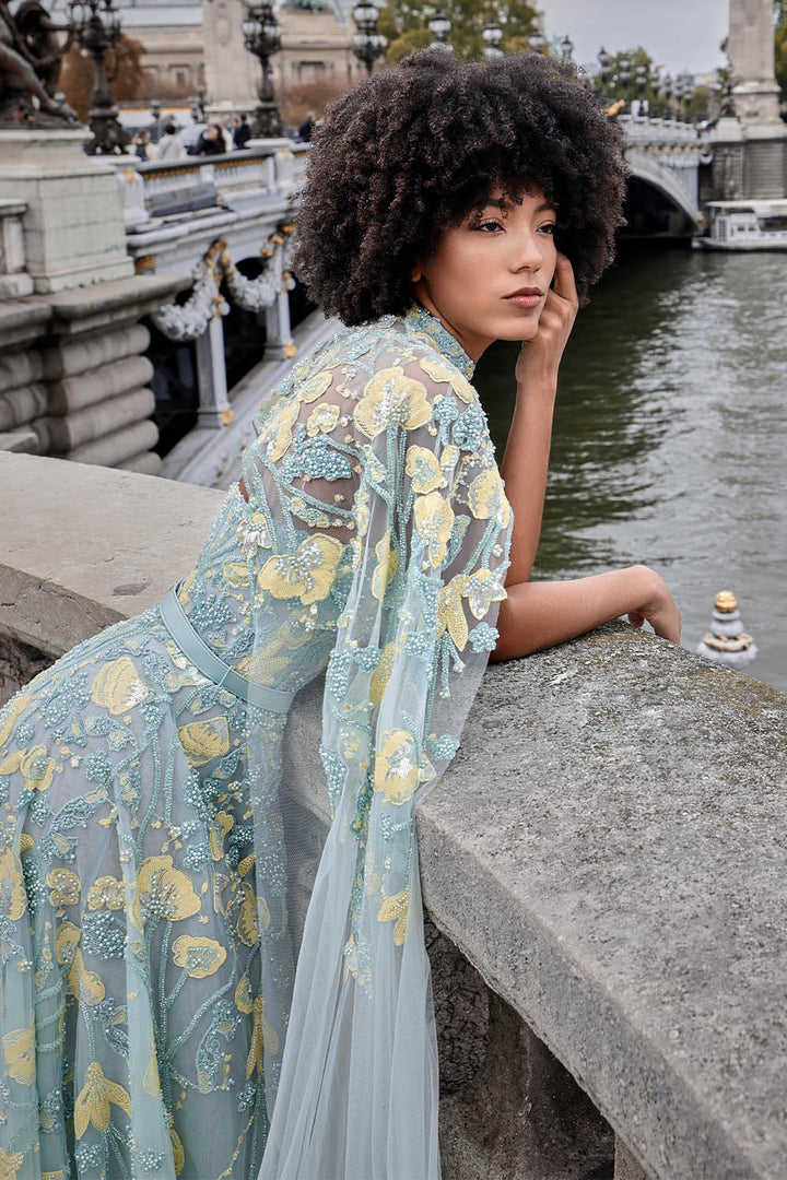 Bilal El Dana, Floral Embroidered Cape A-Line Gown | Esposa