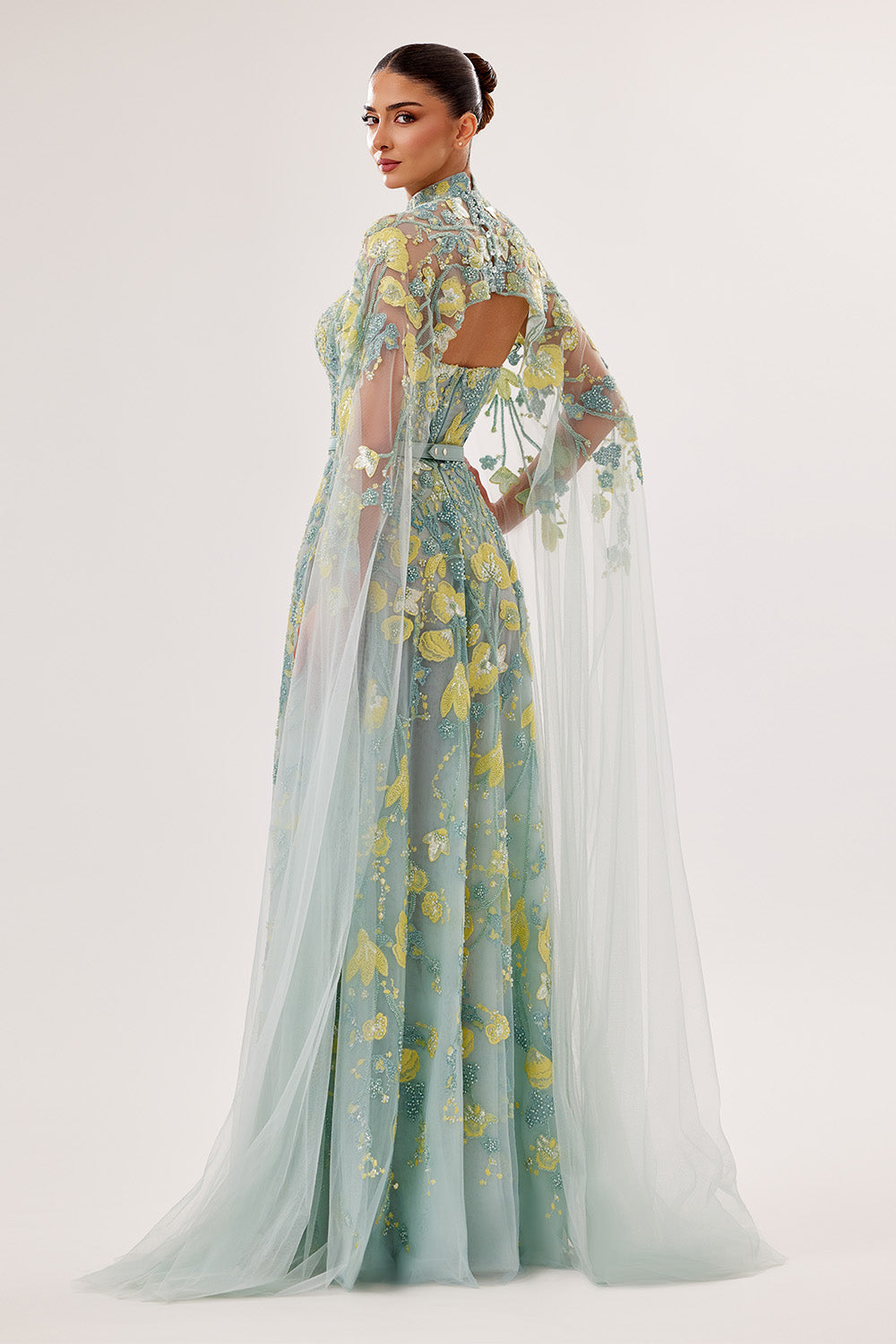 Bilal El Dana, Floral Embroidered Cape A-Line Gown | Esposa