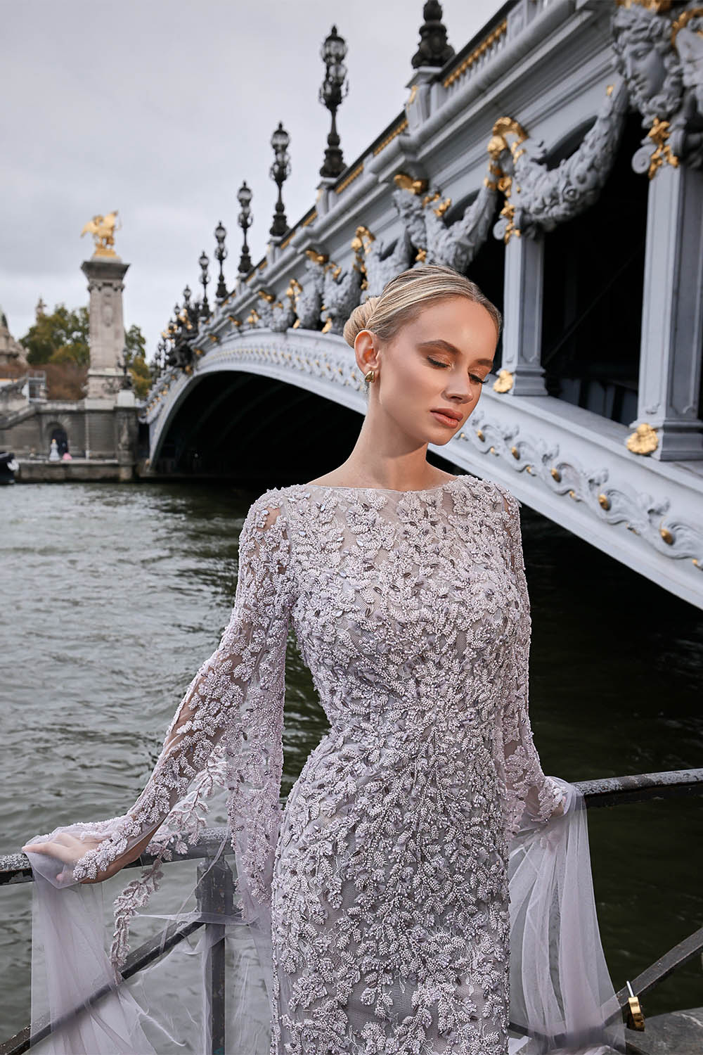 Bilal El Dana, Embroidered Cape Sleeve Gown | Esposa