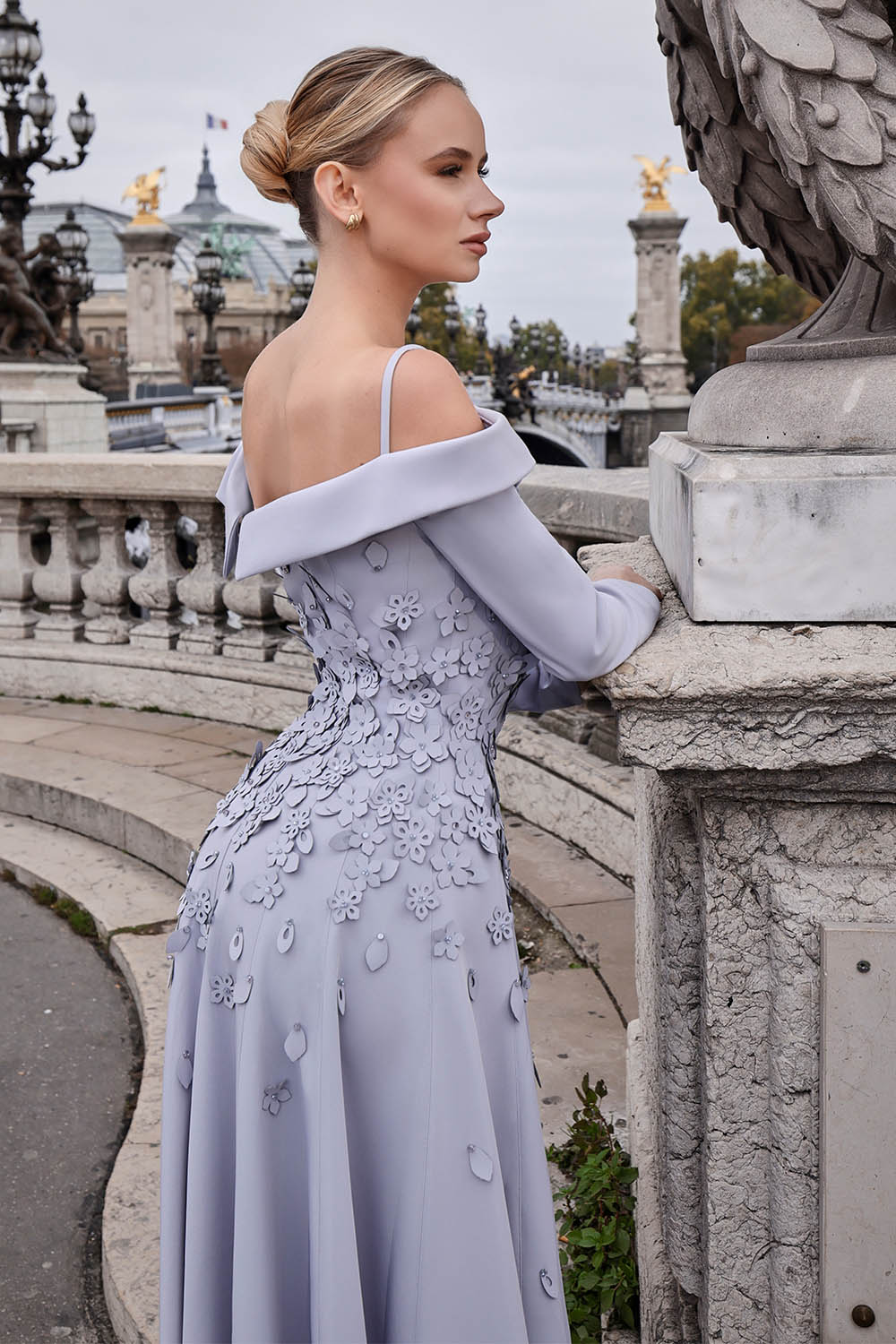Bilal El Dana, Off-Shoulder Floral Appliqué A-Line Gown | Esposa