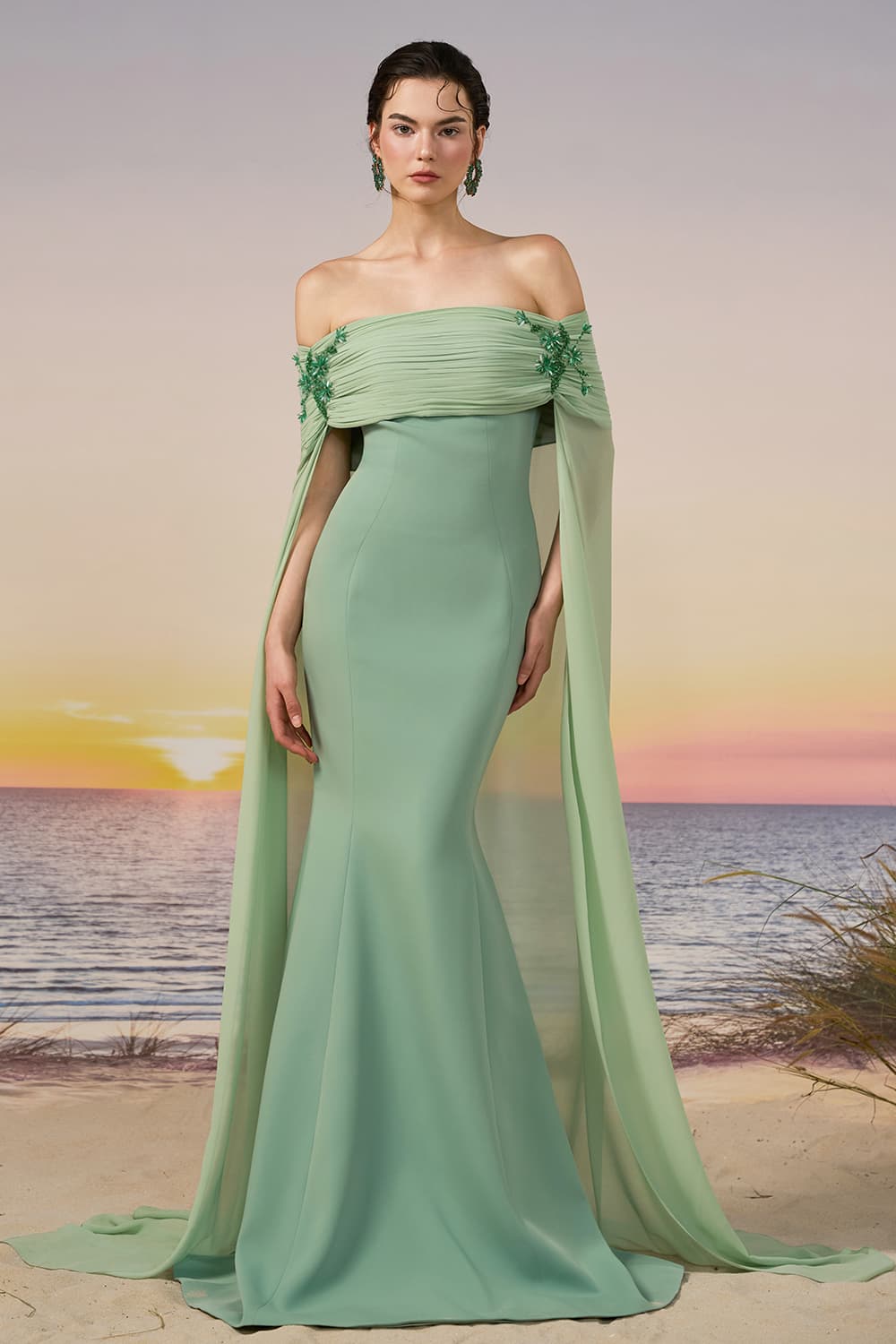 Off-Shoulder Cape Crepe Gown | Esposa