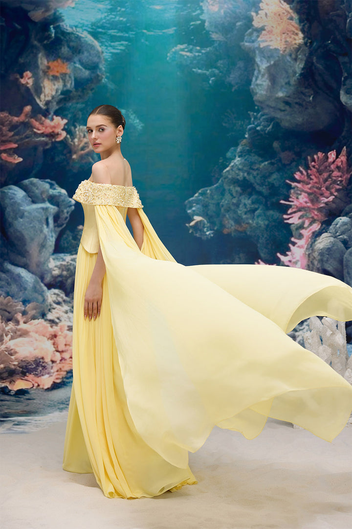 21 SIX, Beaded Off-Shoulder Corset Cape Gown | Esposa