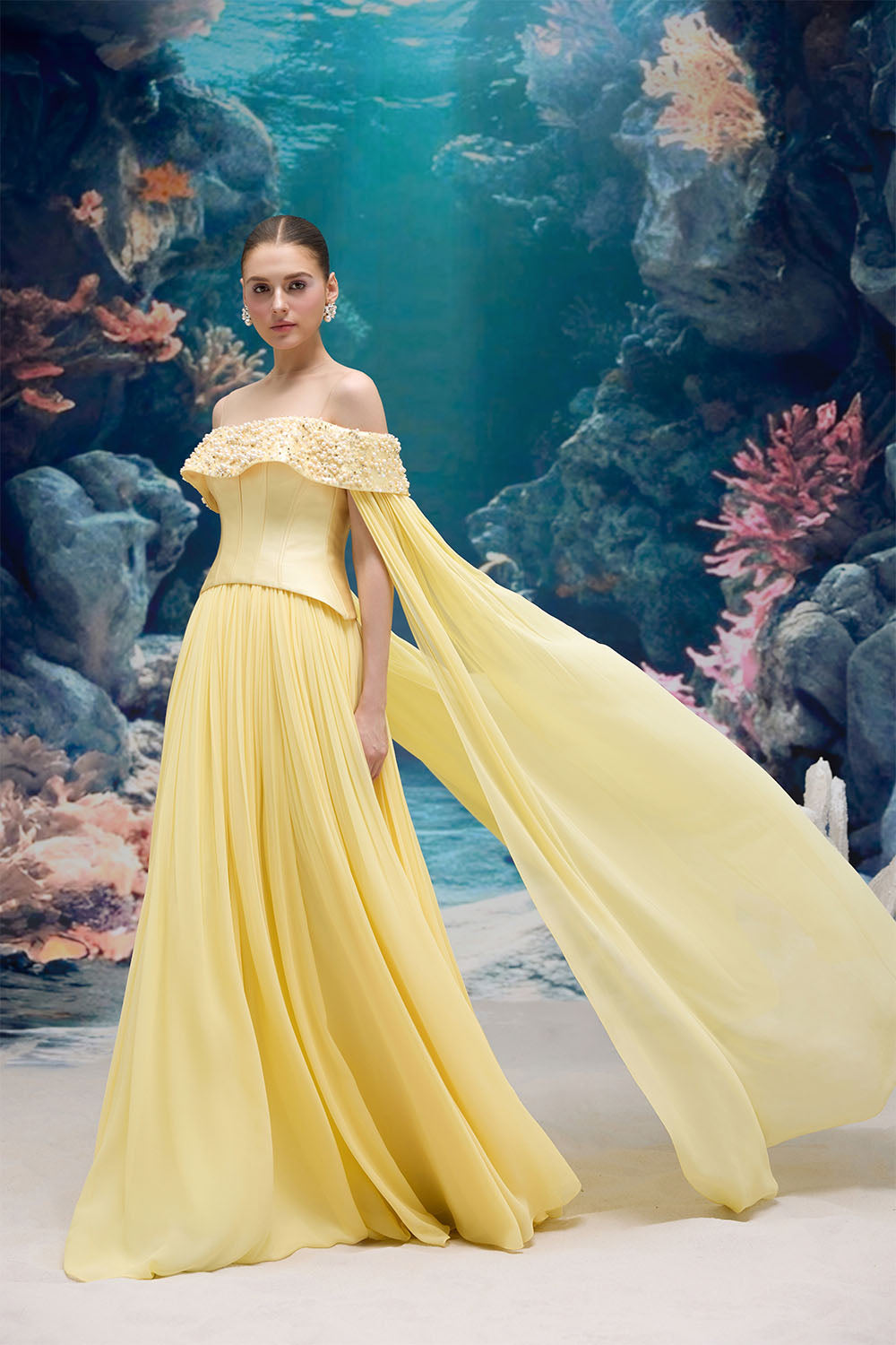 21 SIX, Beaded Off-Shoulder Corset Cape Gown | Esposa