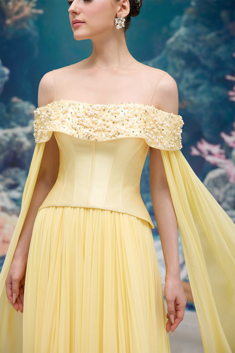 21 SIX, Beaded Off-Shoulder Corset Cape Gown | Esposa