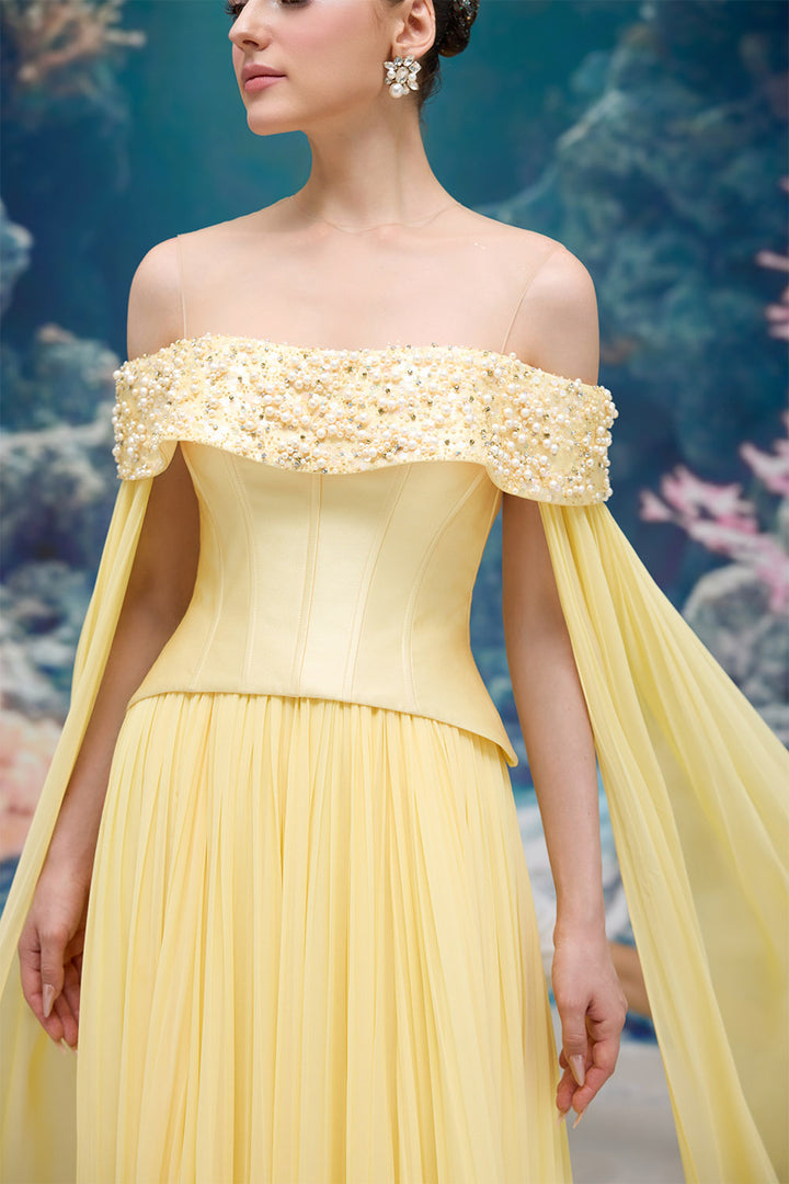 21 SIX, Beaded Off-Shoulder Corset Cape Gown | Esposa