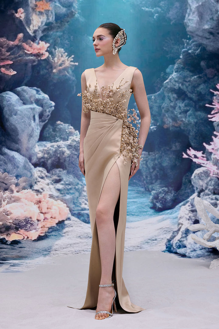 21 SIX, Asymmetric Beaded Satin Gown | Esposa