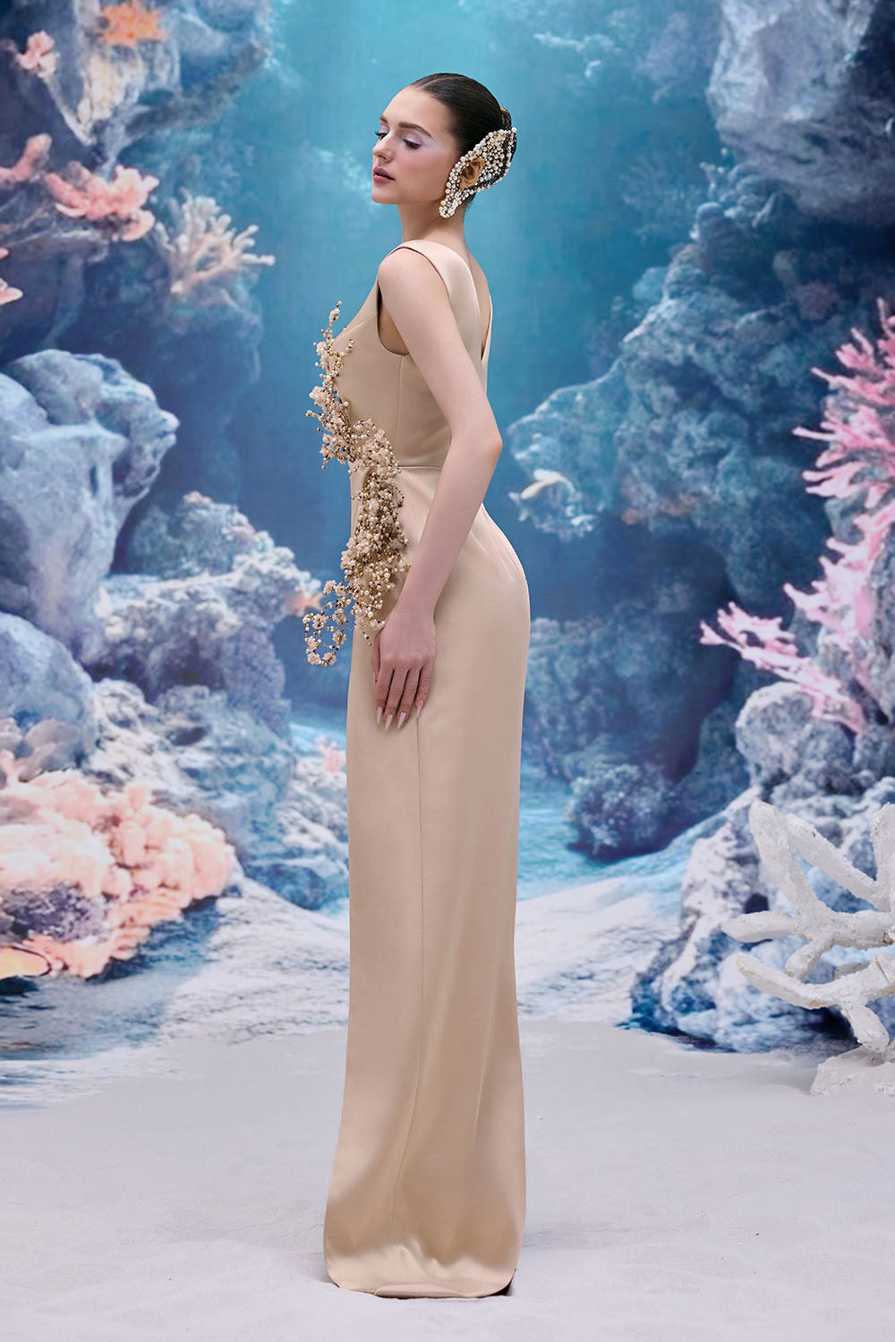 21 SIX, Asymmetric Beaded Satin Gown | Esposa