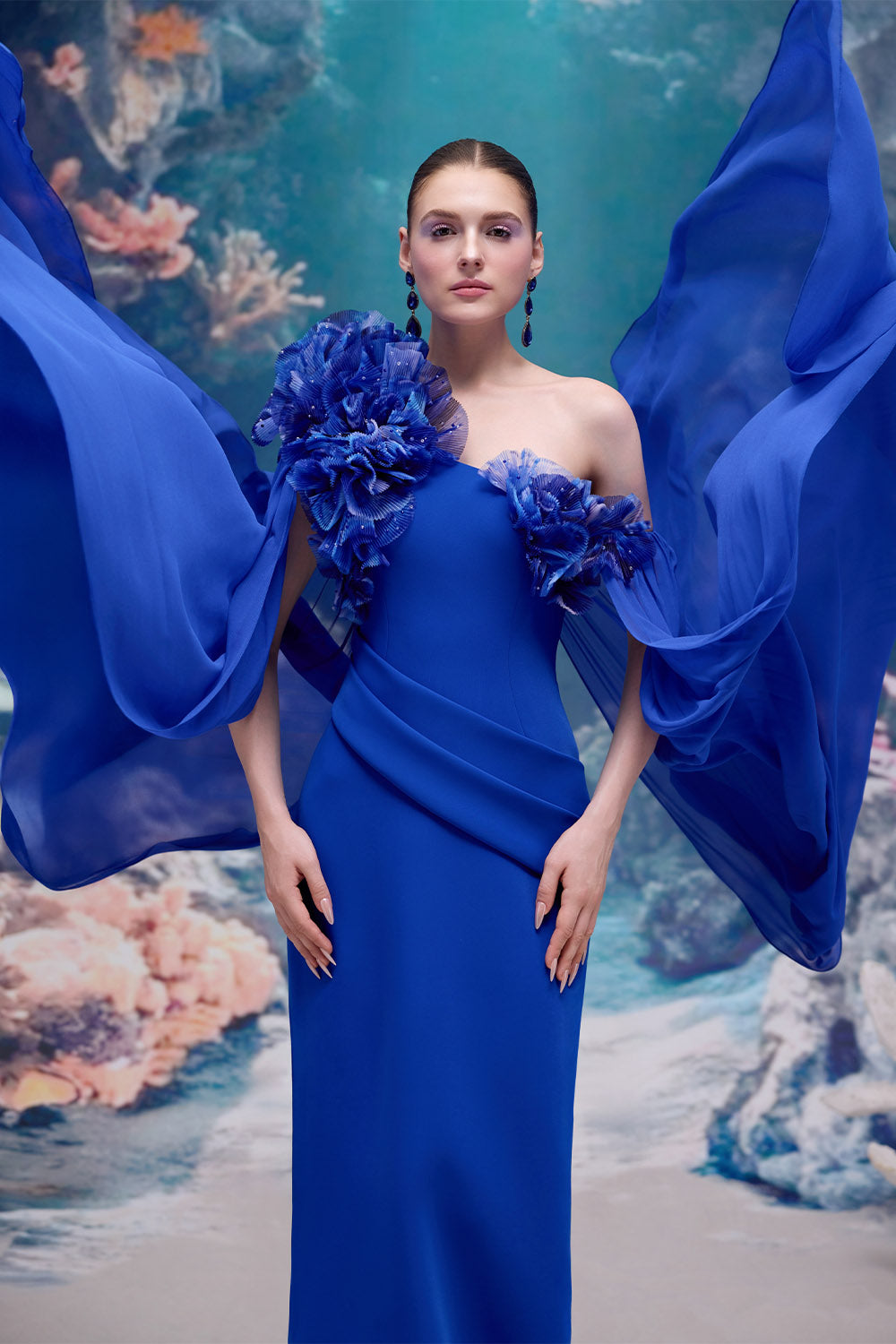 21 SIX, One-Shoulder Floral Cape Gown | Esposa