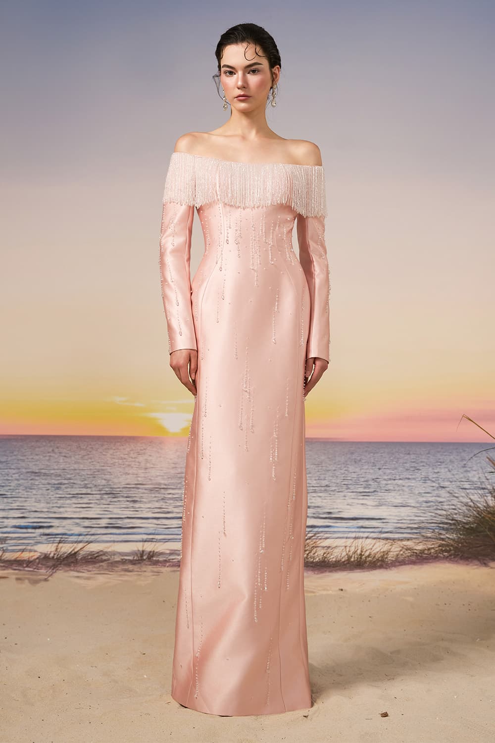 21 SIX, Off-Shoulder Beaded Satin Gown | Esposa 