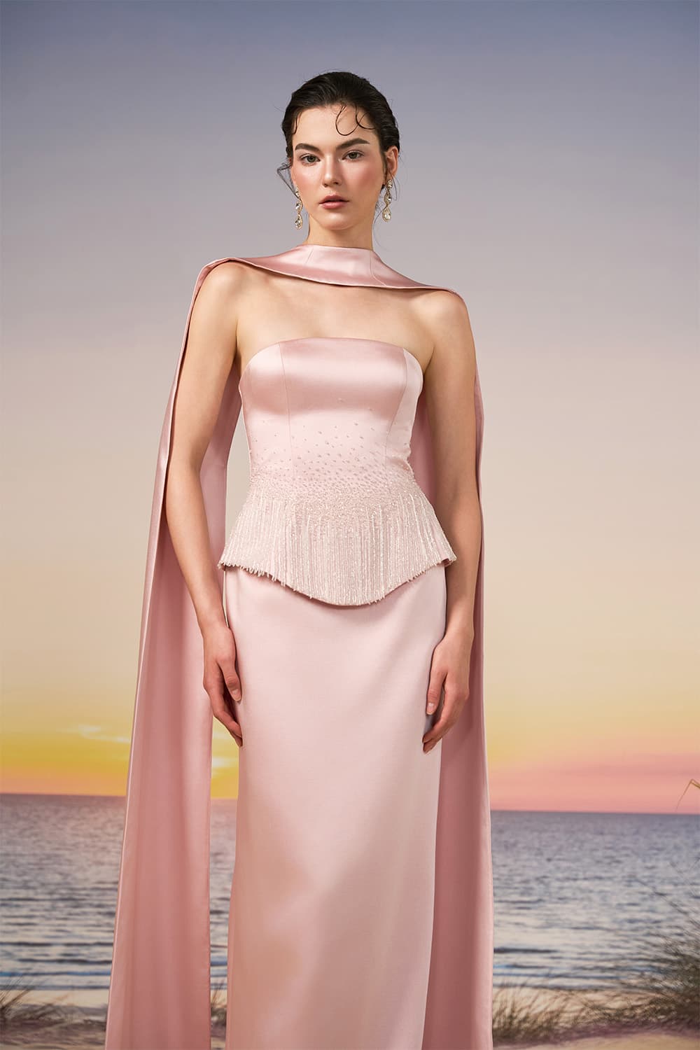 21 SIX, Strapless Satin Cape Gown | Esposa
