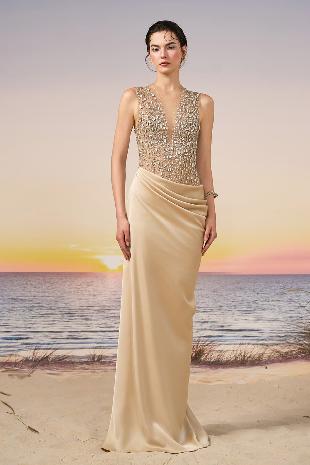 21 SIX, Embellished Plunging Satin Gown | Esposa