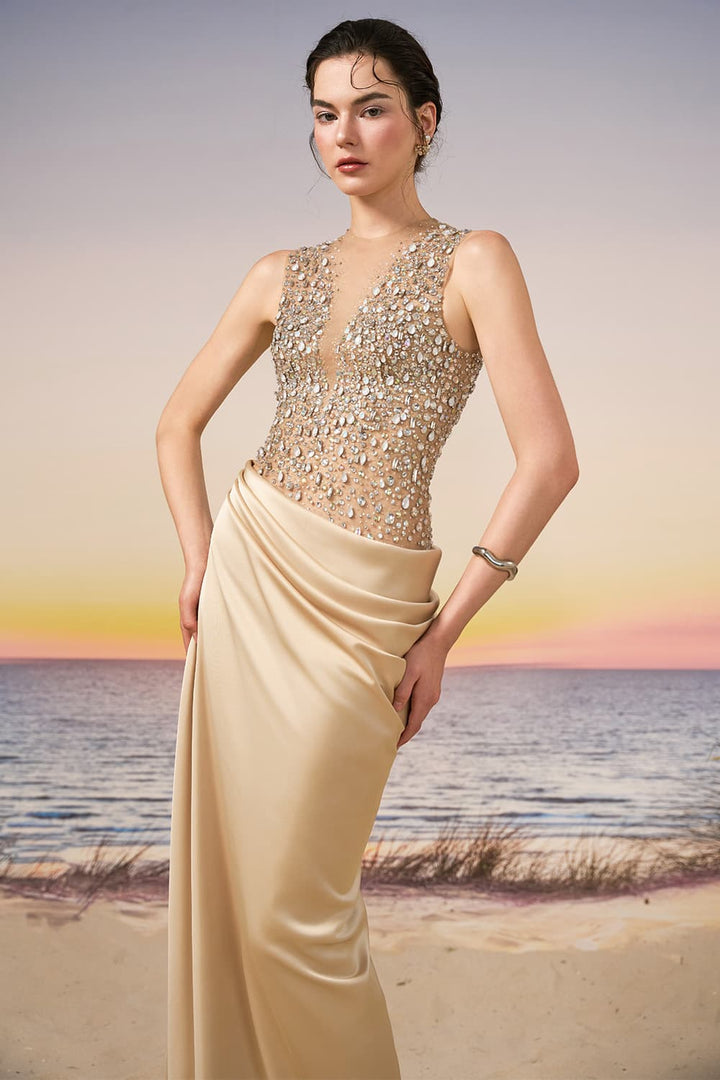 21 SIX, Embellished Plunging Satin Gown | Esposa