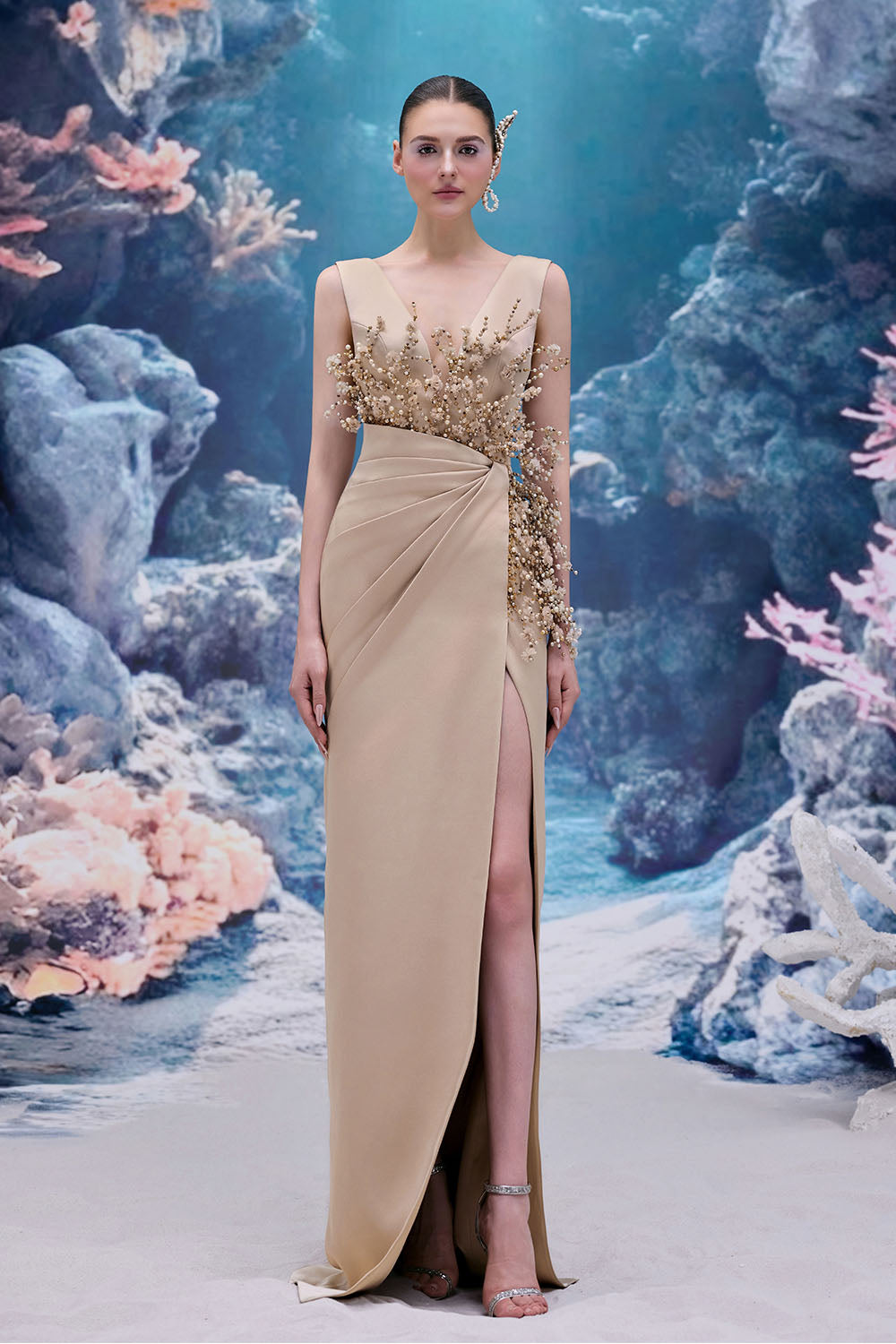 21 SIX, Asymmetric Beaded Satin Gown | Esposa