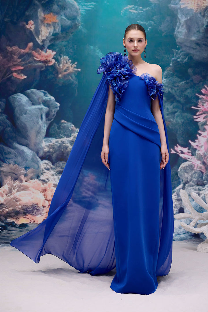 21 SIX, One-Shoulder Floral Cape Gown | Esposa