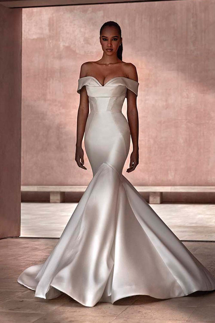 off-the-shoulder mikado trumpet wedding dress Mikado Wedding Dress Jacqueline With Detachable Train US 24
