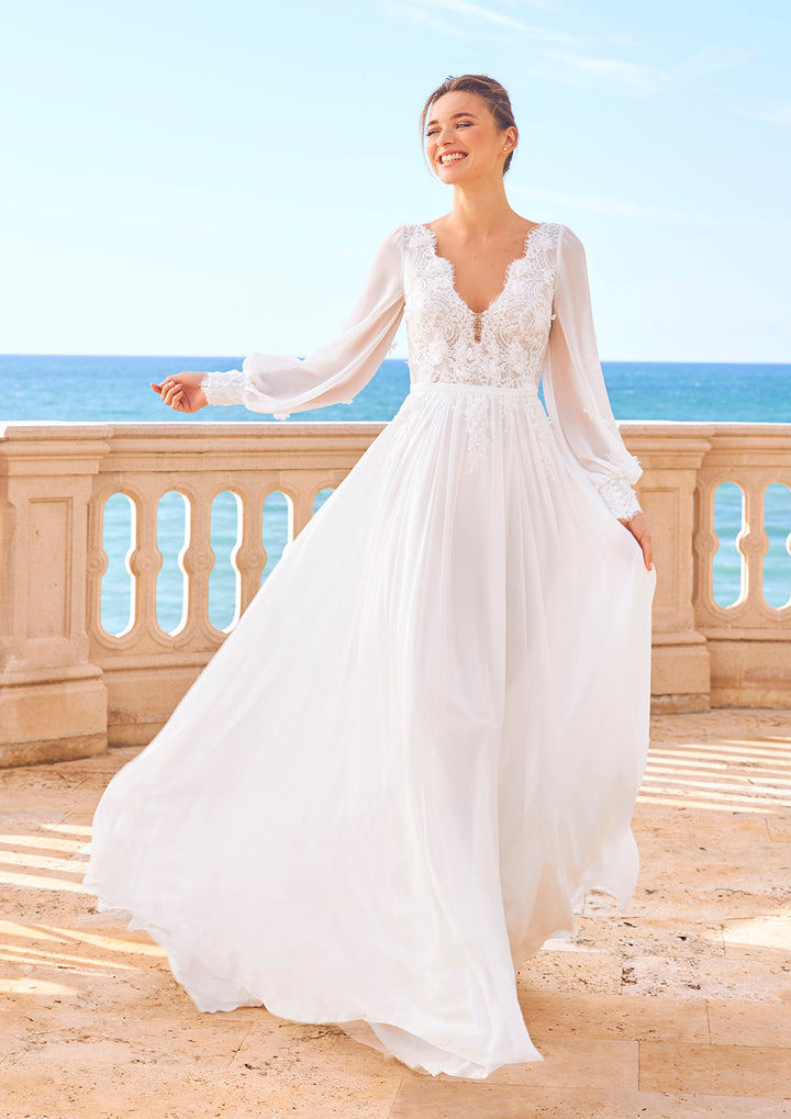 Pronovias, Long-Sleeve Chiffon Bridal Gown | Esposa