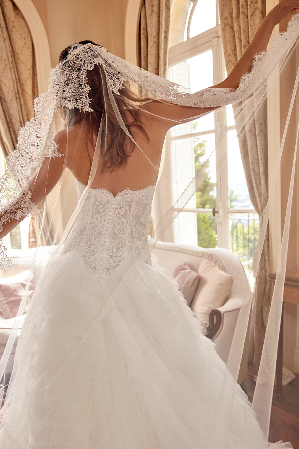 Justin Alexander, Strapless Floral Lace and Ruffle Ball Gown | Esposa