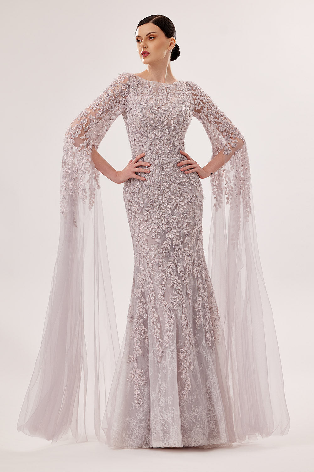 Bilal El Dana, Embroidered Cape Sleeve Gown | Esposa