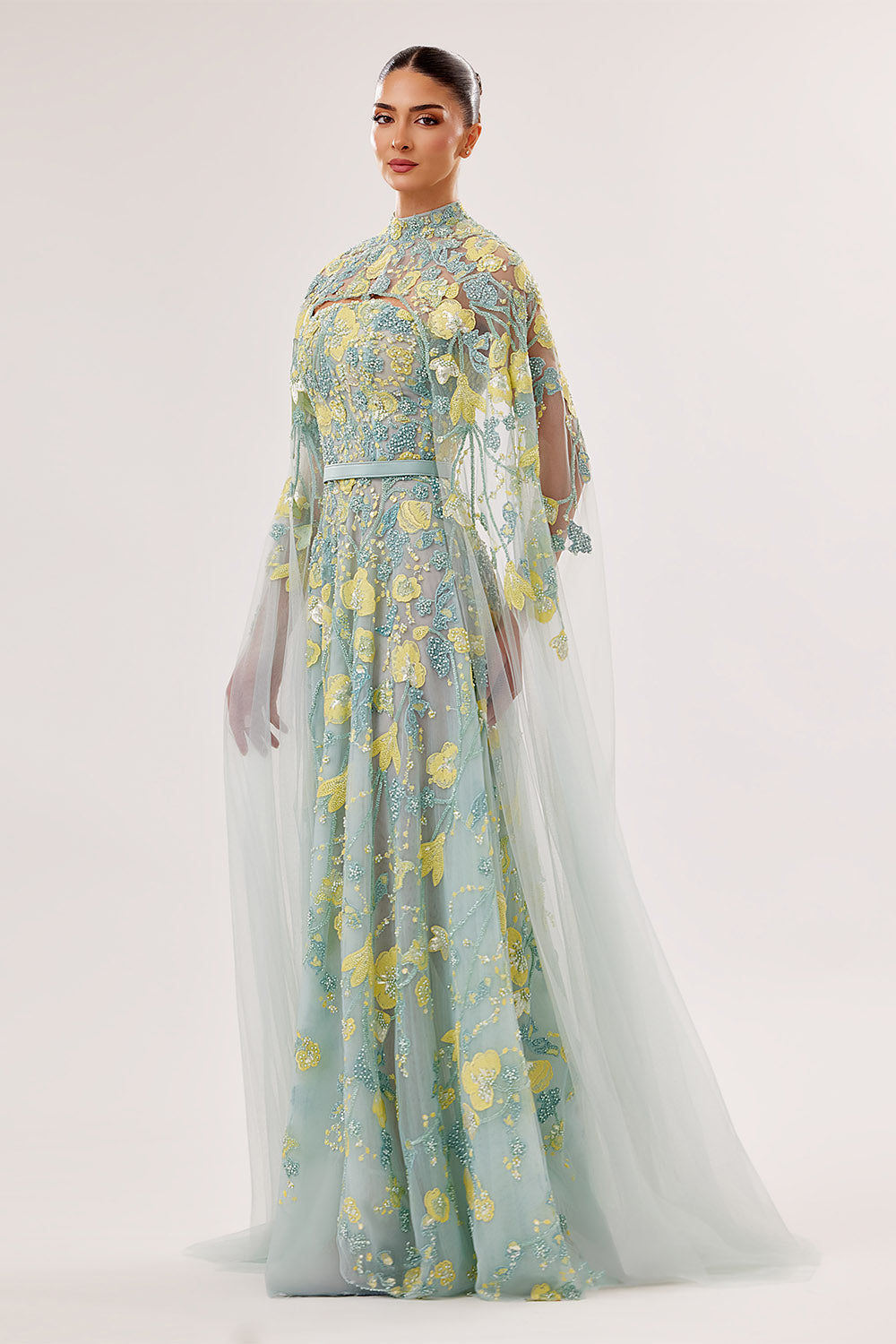 Bilal El Dana, Floral Embroidered Cape A-Line Gown | Esposa