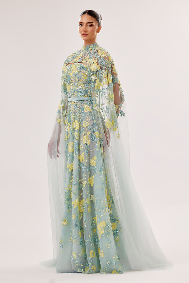 Bilal El Dana, Floral Embroidered Cape A-Line Gown | Esposa