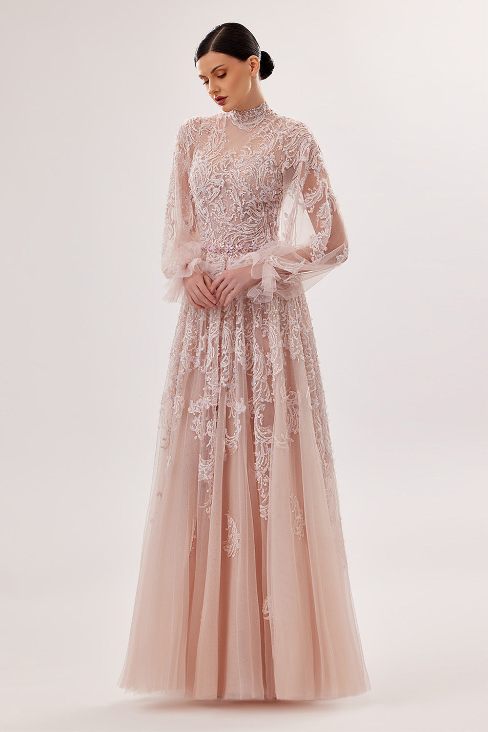 Bilal El Dana,  High-Neck Embroidered Tulle Gown | Esposa