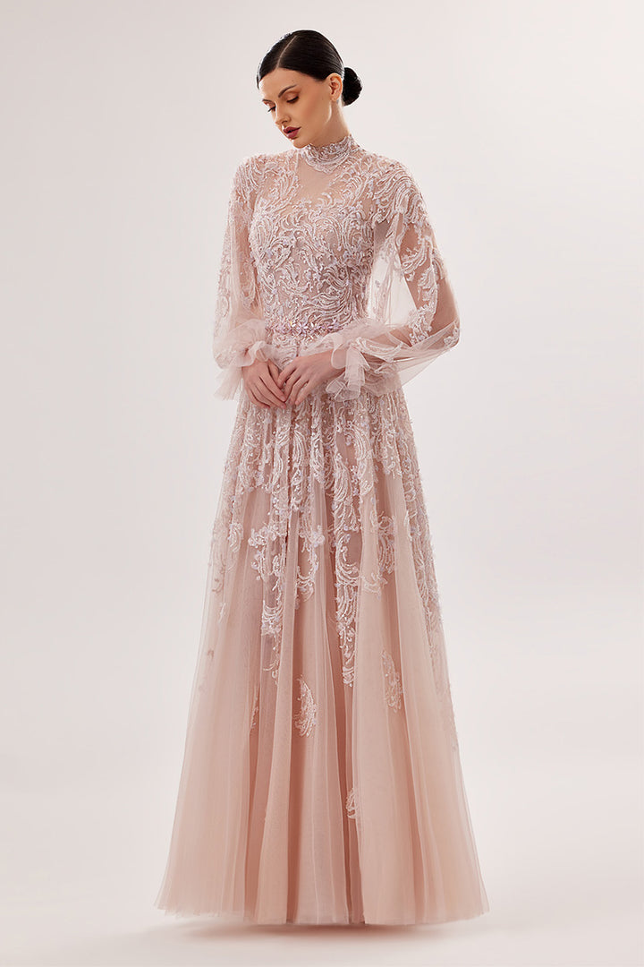 Bilal El Dana,  High-Neck Embroidered Tulle Gown | Esposa