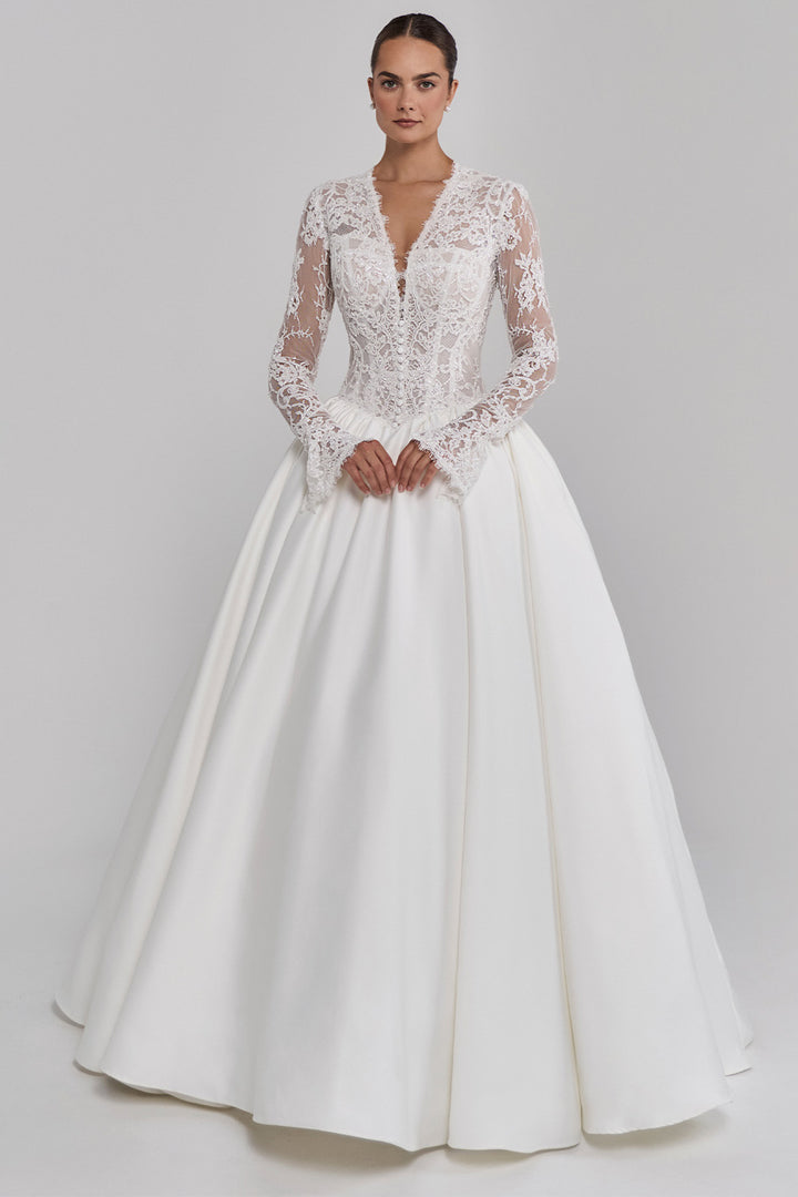 Calla Blanche, Lace Sleeve Corset Ballgown Dress | Esposa