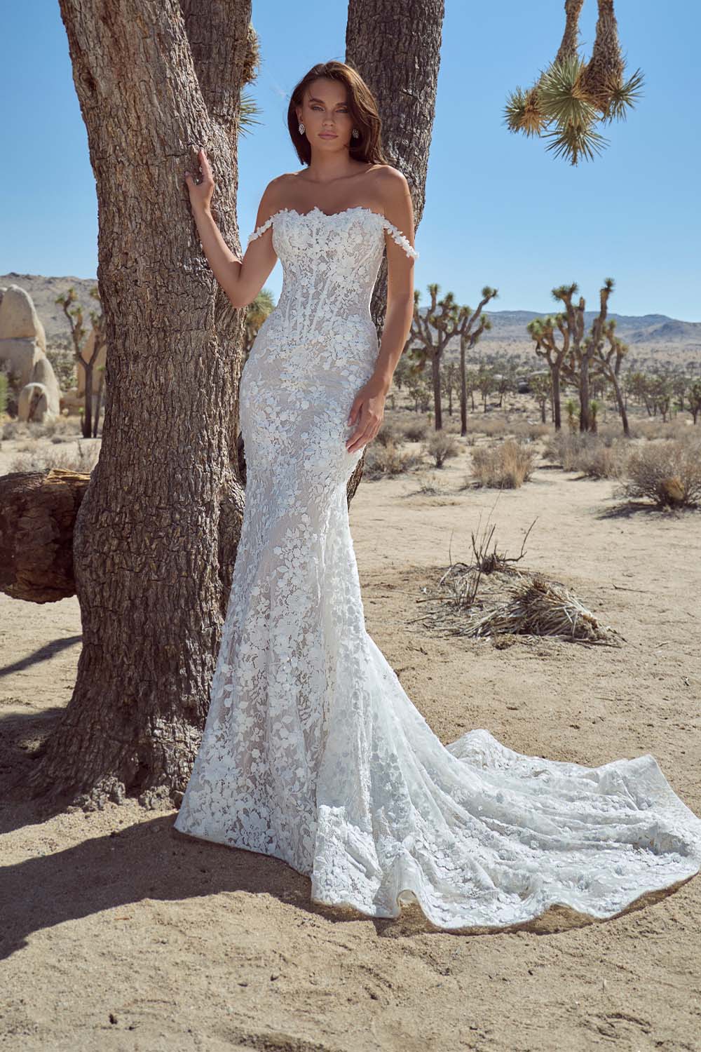 Calla Blanche, Off-Shoulder Lace Fit-and-Flare Bridal Dress | Esposa