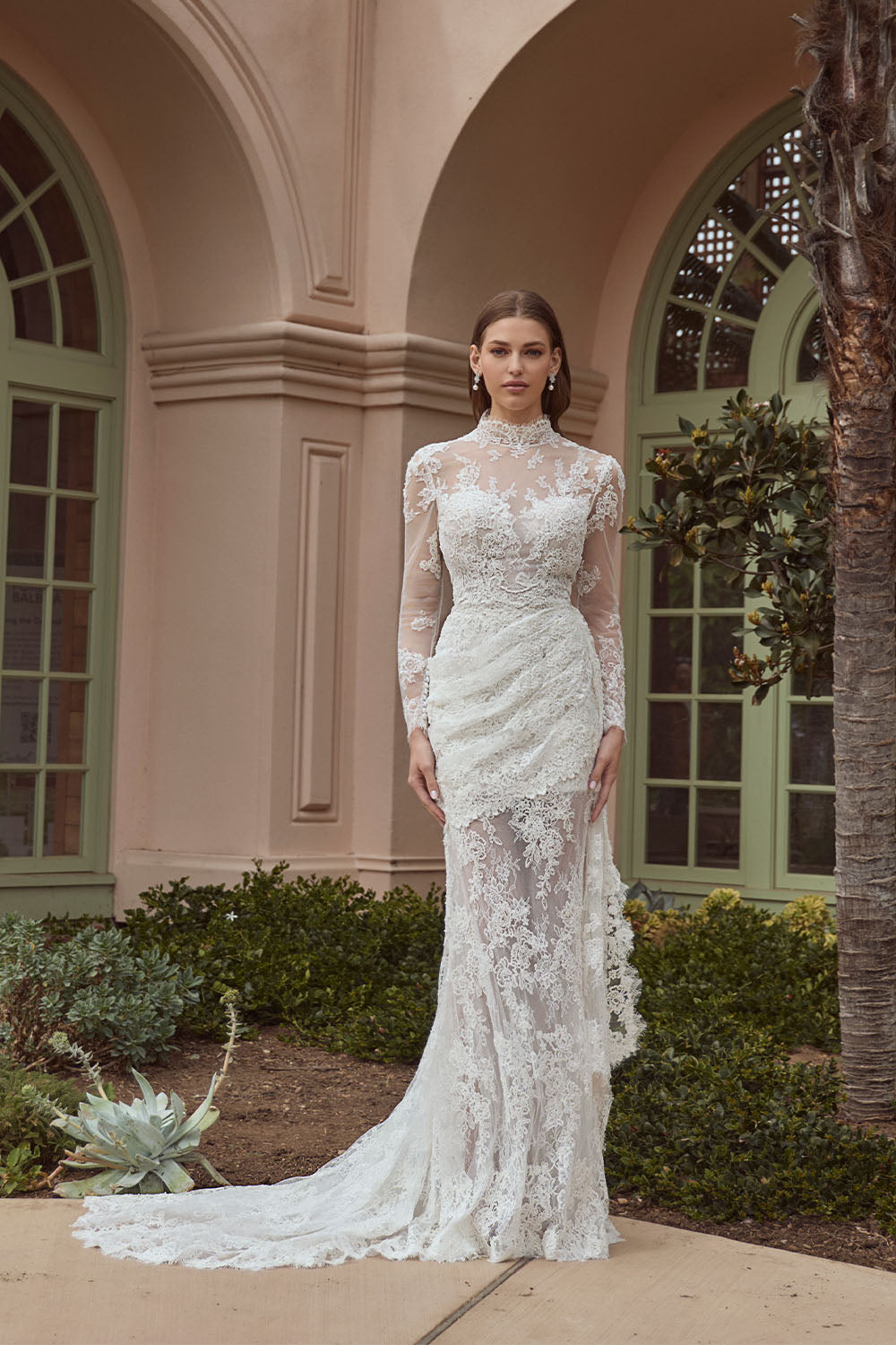 Calla Blanche, Sophisticated High-Neck Draped Lace Straight Gown | Esposa