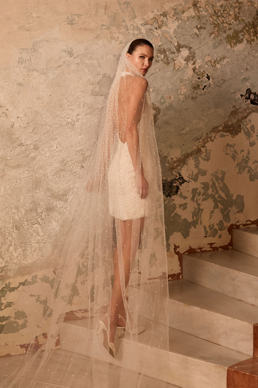Pronovias Privée, Ednith, Pearl-Draped Mini Dress | Esposa