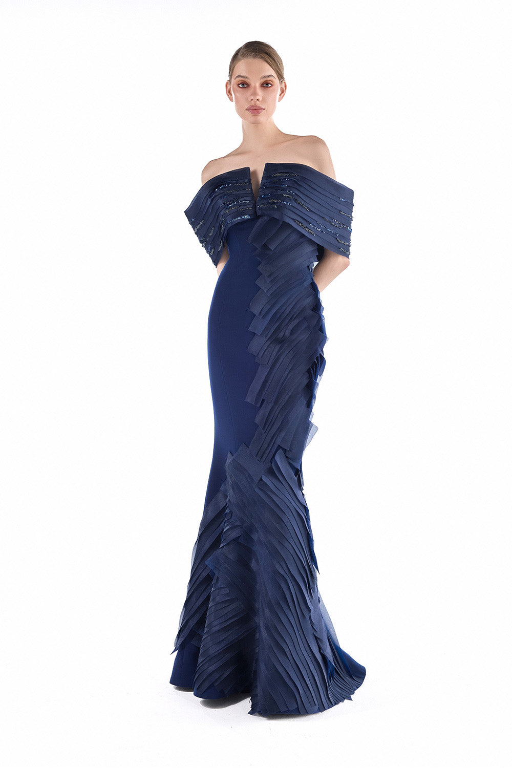 Gaby Charbachy, Regal Pleated Off-Shoulder Gown | Esposa