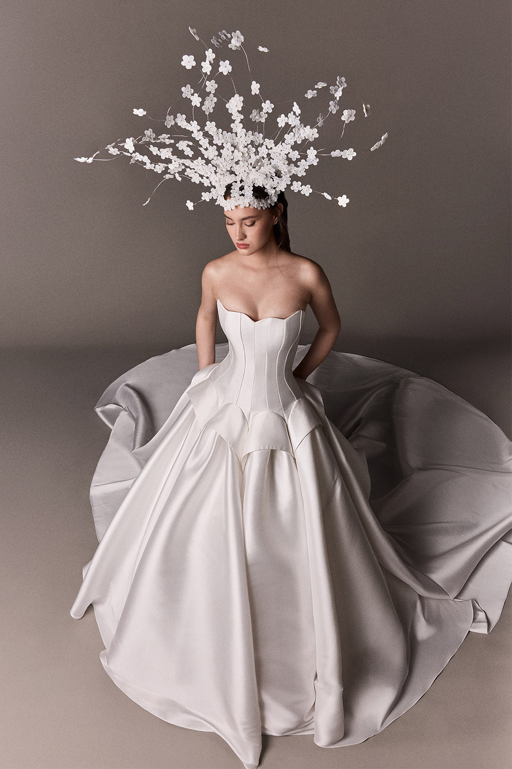 Plume by Kristie, Joanna, Architectural Satin Ball Gown | Esposa