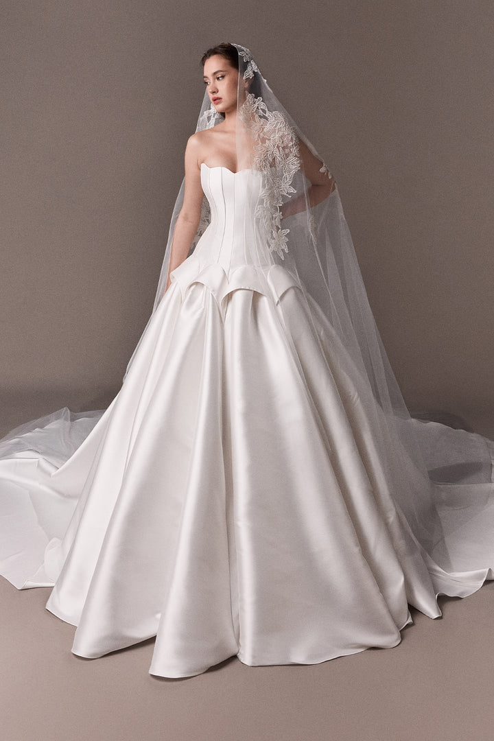 Plume by Kristie, Joanna, Architectural Satin Ball Gown | Esposa