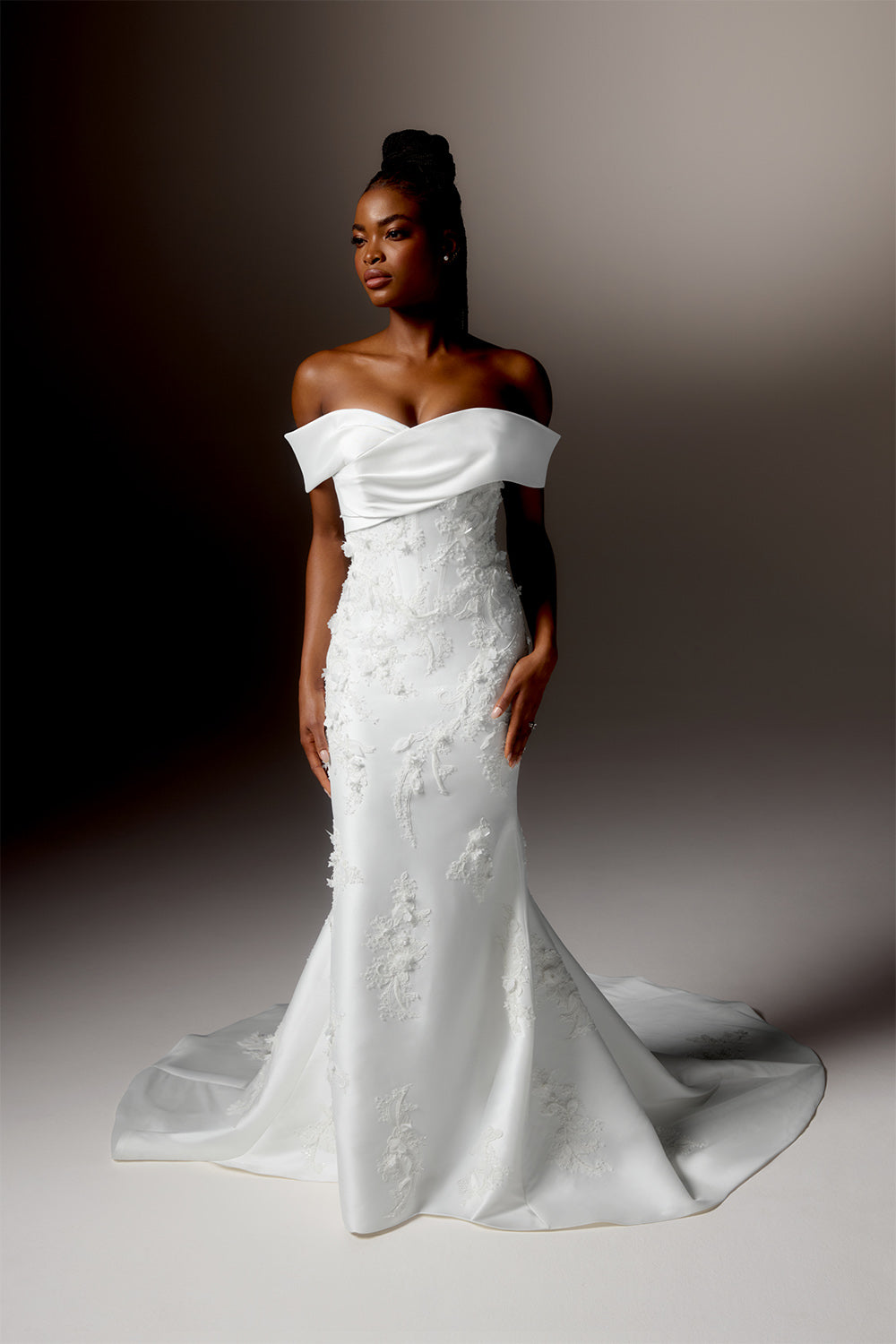 Justin Alexander, Bold Draped Off-the-Shoulder Mermaid Gown | Esposa