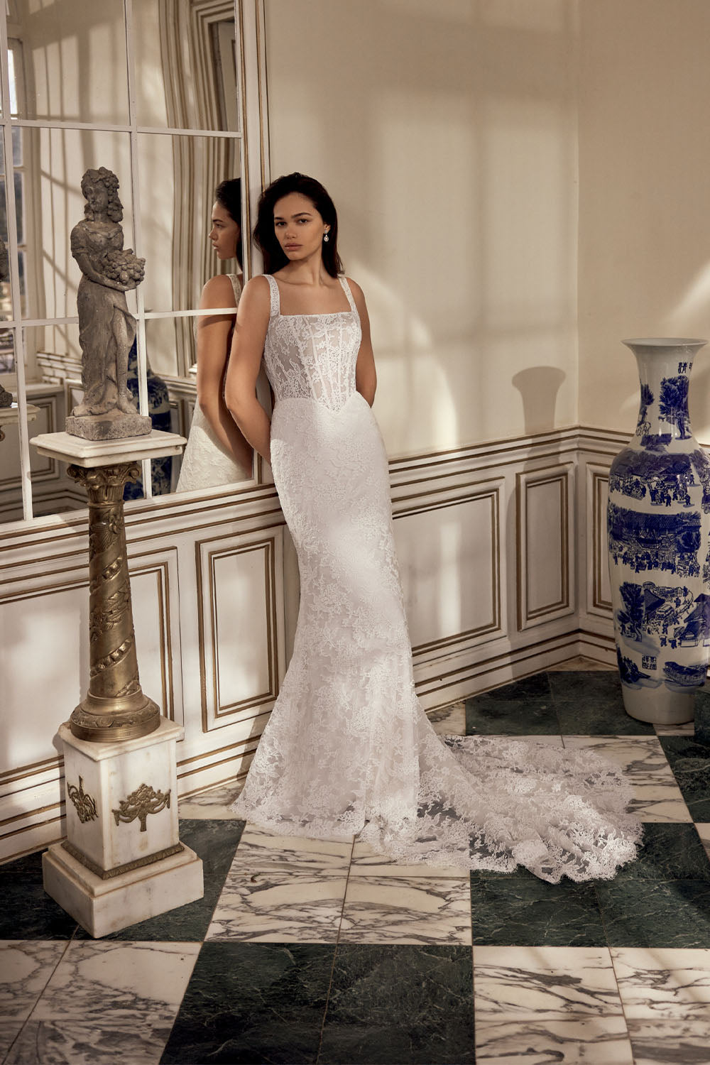 Justin Alexander, Feminine Square-Neck Lace Mermaid Gown | Esposa