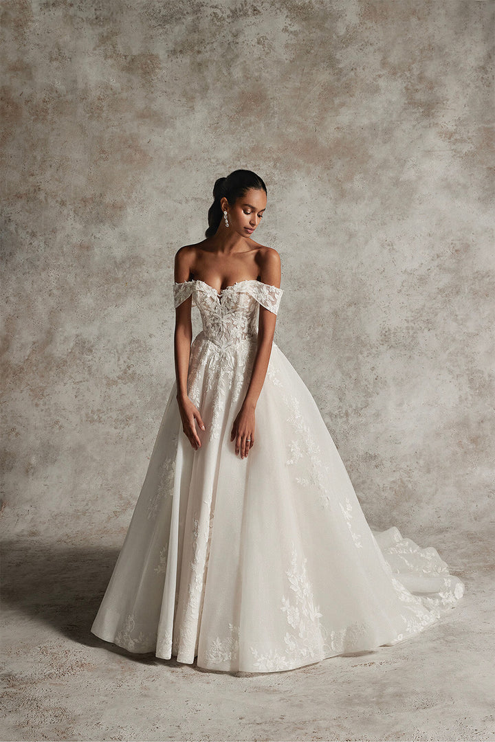 off the shoulder bridal dresses Elegant Off-shoulder White Gown With Delicate Lace, Timeless Column Wedding Dress With Corset Back and Long Lace Sleeves A-line Dress ensuring you move gracefully Buy 99303 | Bridal Dresses