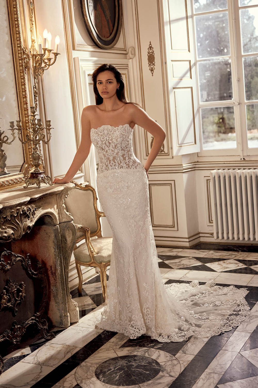 Justin Alexander, Romantic Strapless Lace Straight Gown | Esposa