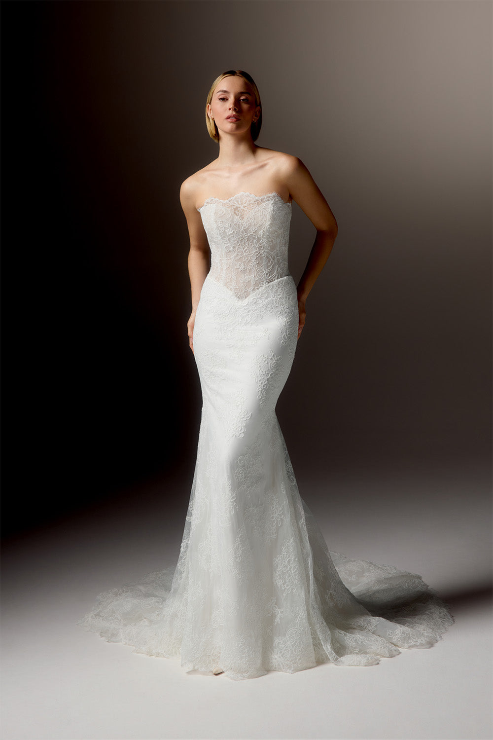 Justin Alexander, Timeless Strapless Lace Mermaid Gown | Esposa