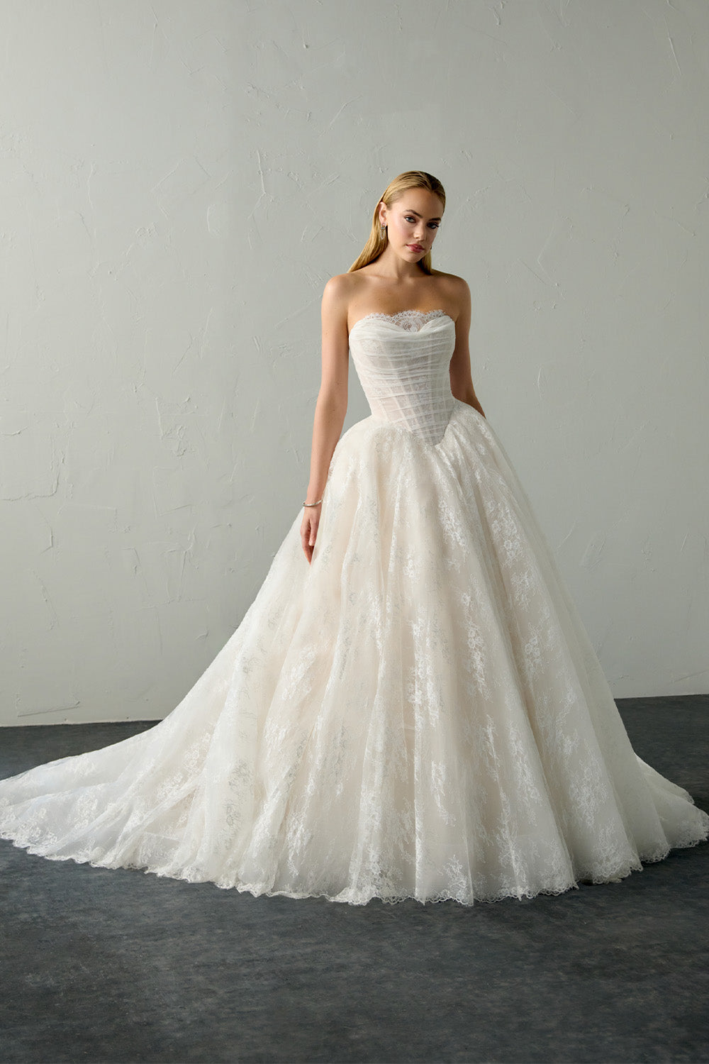 Justin Alexander, Whimsical Draped-Corset Lace Ball Gown | Esposa