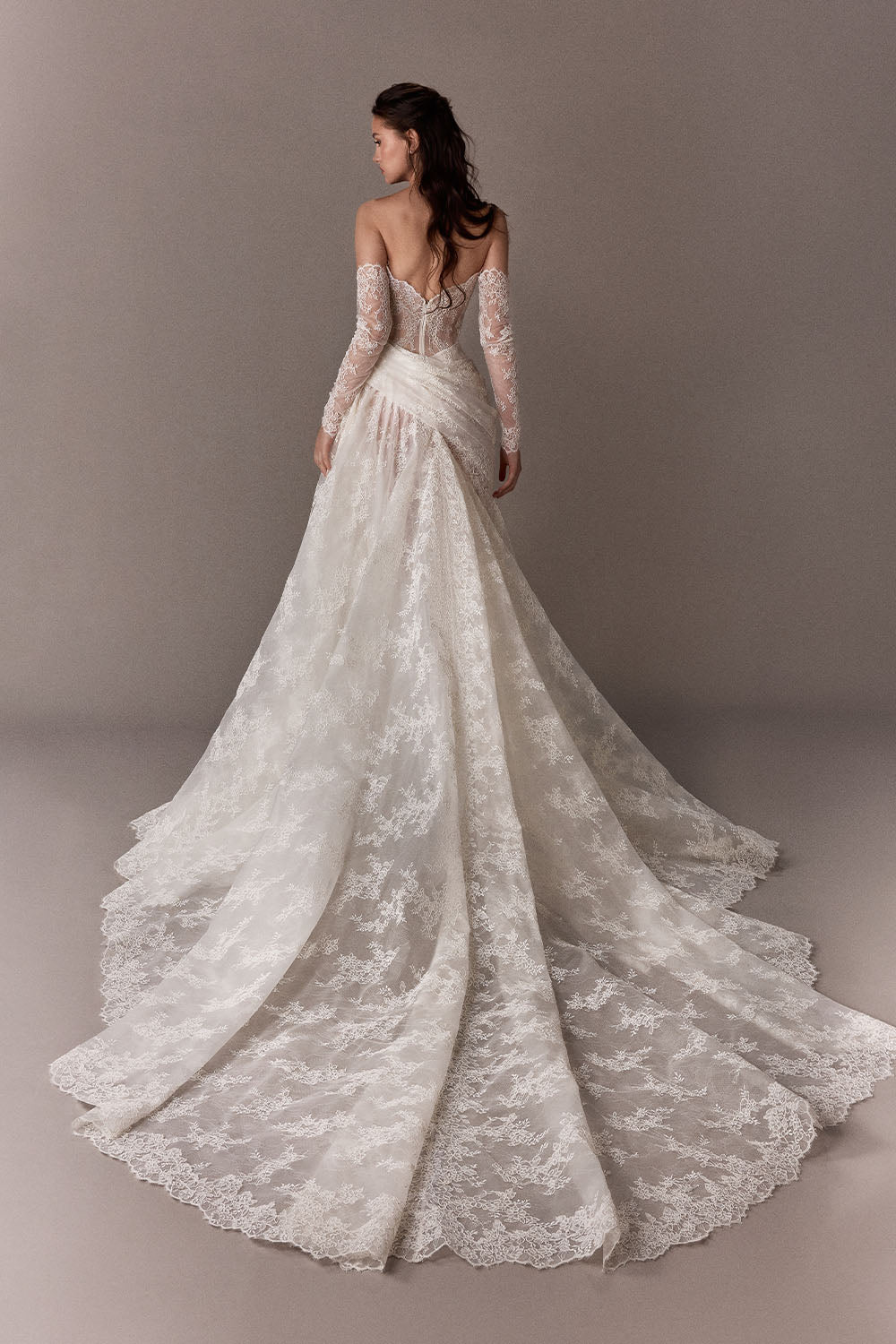 Plume by Kristie, Justine, Romantic Lace Draped A-Line Gown | Esposa