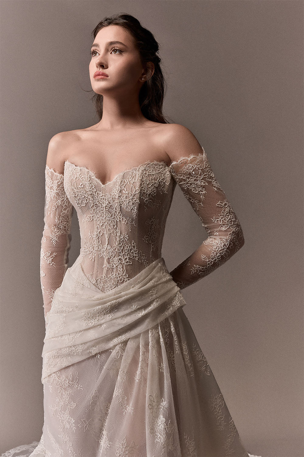 Plume by Kristie, Justine, Romantic Lace Draped A-Line Gown | Esposa