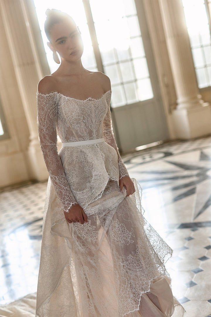Wona Concept, Lunaria, Serene Off-the-Shoulder Lace Straight Gown | Esposa