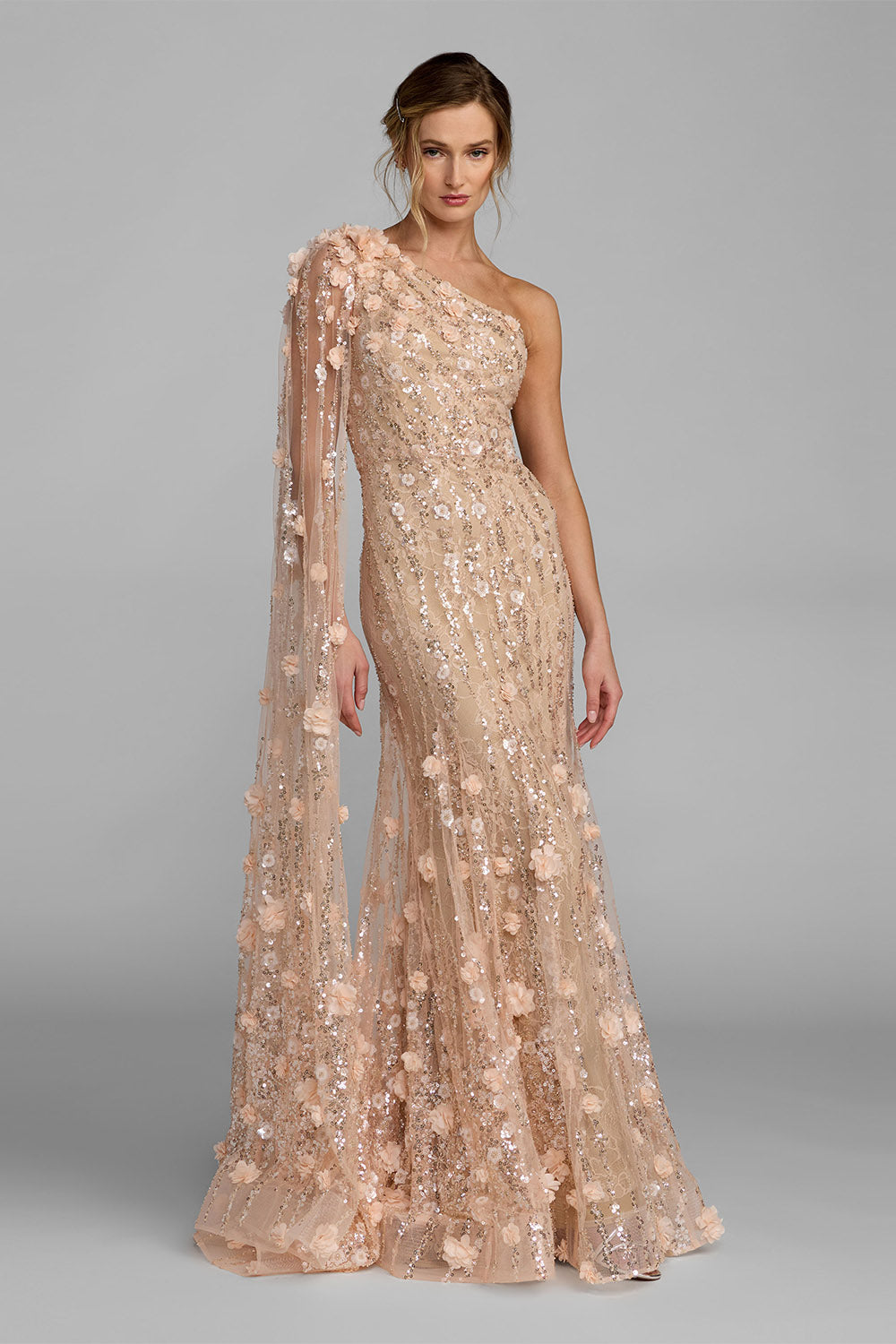 Mac Duggal, One-Shoulder Floral Sequin Evening Gown | Esposa