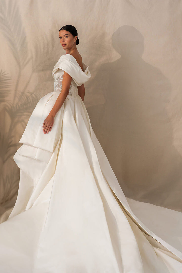 Kristie Romanos, Modern Off Shoulder Gown | Esposa