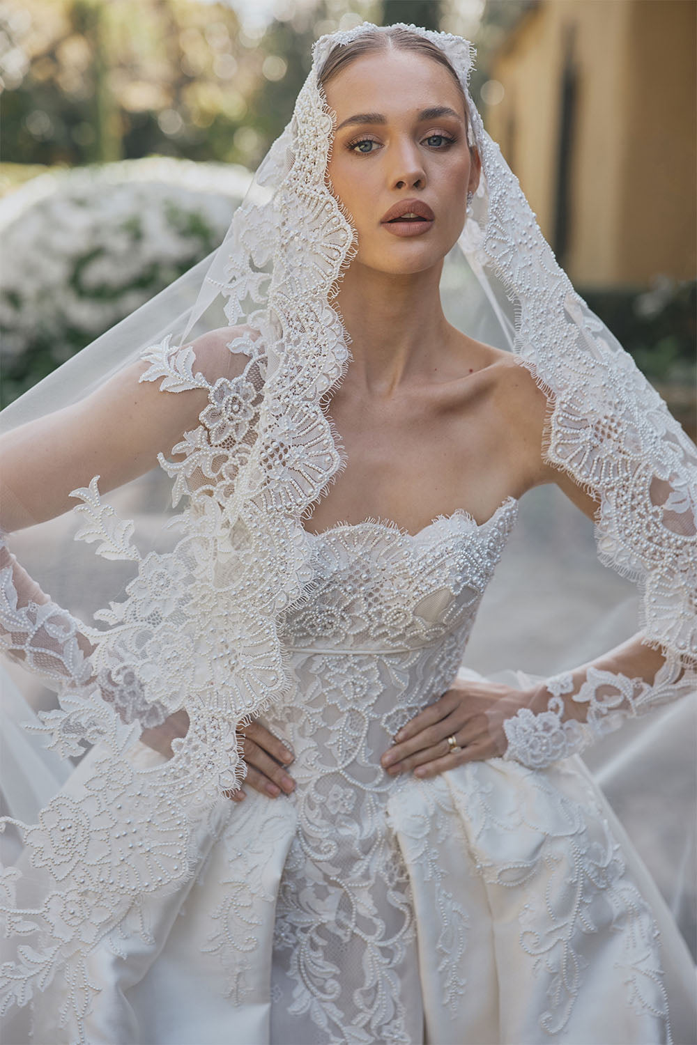 Steven Khalil, Natalia, Sculptural Strapless Lace Gown | Esposa
