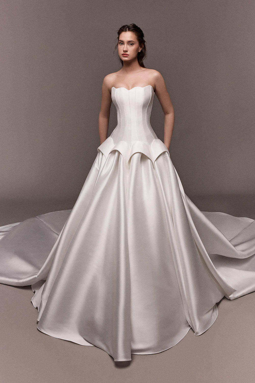 Plume by Kristie, Joanna, Architectural Satin Ball Gown | Esposa