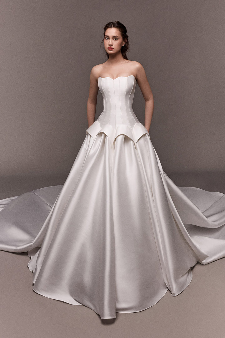 Plume by Kristie, Joanna, Architectural Satin Ball Gown | Esposa
