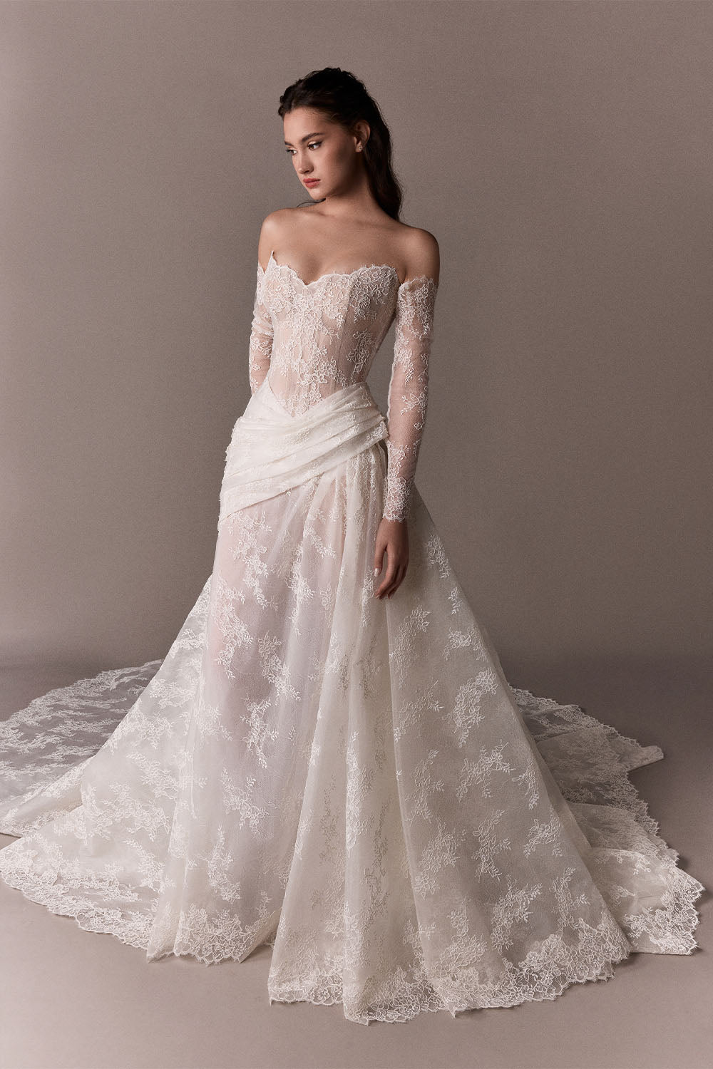 Plume by Kristie, Justine, Romantic Lace Draped A-Line Gown | Esposa